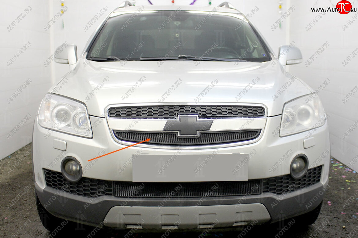 2 599 р. Защитная сетка решетки радиатора Стрелка 11 Стандарт (алюминий/пластик)  Chevrolet Captiva (2006-2011) (Цвет: черный)  с доставкой в г. Калуга