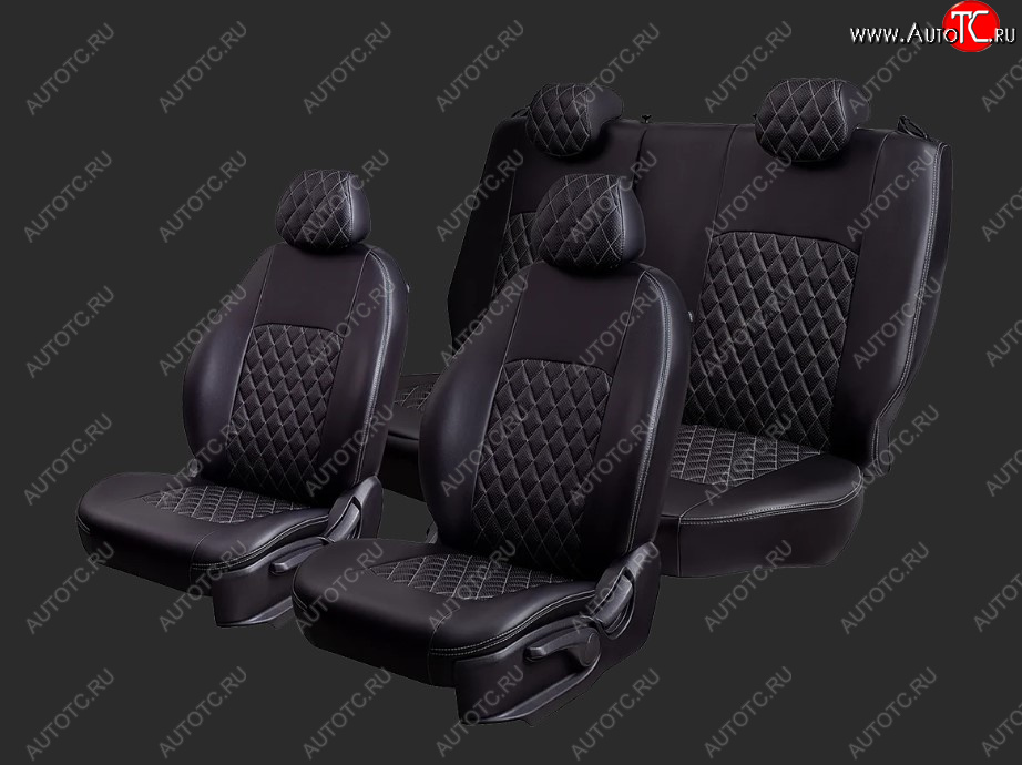 5 799 р. Чехлы для сидений Lord Autofashion Турин Ромб (экокожа, спинка 60/40, 2 Г-образных подголовника) Chevrolet Cobalt седан дорестайлинг (2011-2016) (Черный, вставка черная, строчка серая)  с доставкой в г. Калуга