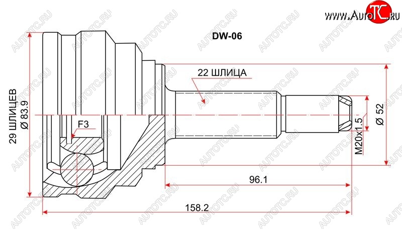 1 539 р. Шрус (наружный) SAT (сальник 52 мм, шлицев 29/22)  Chevrolet Lanos T100, Daewoo Lanos (T100), ЗАЗ Chance (седан,  хэтчбэк), Lanos (седан), Sens (седан,  хэтчбэк)  с доставкой в г. Калуга