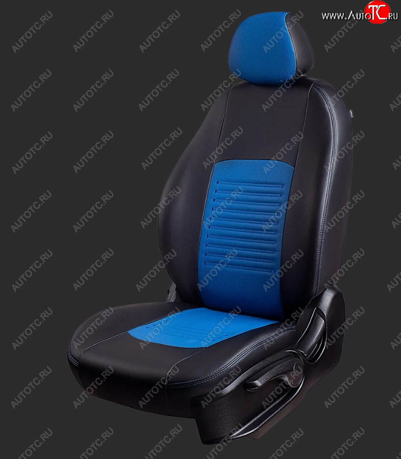 5 749 р. Чехлы для сидений Lord Autofashion Турин (экокожа, сплошная спинка, 2 Г-образных подголовника)  Daewoo Nexia  рестайлинг (2008-2015) (Черный, вставка синяя)  с доставкой в г. Калуга