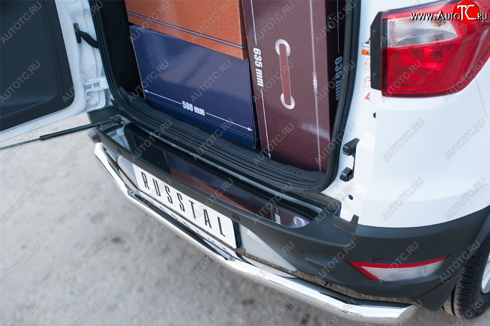 1 499 р. Накладка защитная на верхнюю часть заднего бампера Russtal (лист нержавеющий зеркальный)  Ford EcoSport (2013-2019)  с доставкой в г. Калуга