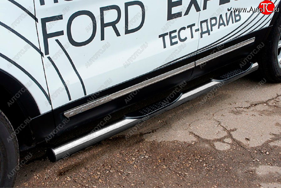 13 349 р. Защита порогов Slitkoff (Ø 76 мм, с проступями)  Ford Explorer  U502 (2015-2018) (Цвет: серебристый)  с доставкой в г. Калуга