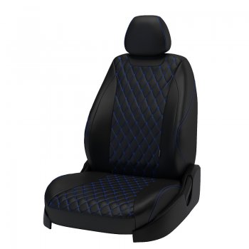 Чехлы для сидений (Titanium) Lord Autofashion Байрон (экокожа) Ford (Форд) Focus (Фокус)  3 (2010-2019) 3 универсал дорестайлинг, хэтчбэк дорестайлинг, седан дорестайлинг, седан рестайлинг, универсал рестайлинг, хэтчбэк рестайлинг  (Чёрный, вставка чёрная, строчка синяя)
