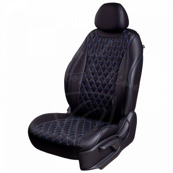 Чехлы для сидений (GhiaTitanium) Lord Autofashion Байрон (экокожа, раздельные задние спинка и сиденье, без подлокотника, 3 Г-образных подголовника) Ford (Форд) Focus (Фокус)  3 (2010-2019) 3 хэтчбэк дорестайлинг, седан дорестайлинг, седан рестайлинг  (Черный, вставка черная, строчка синяя)