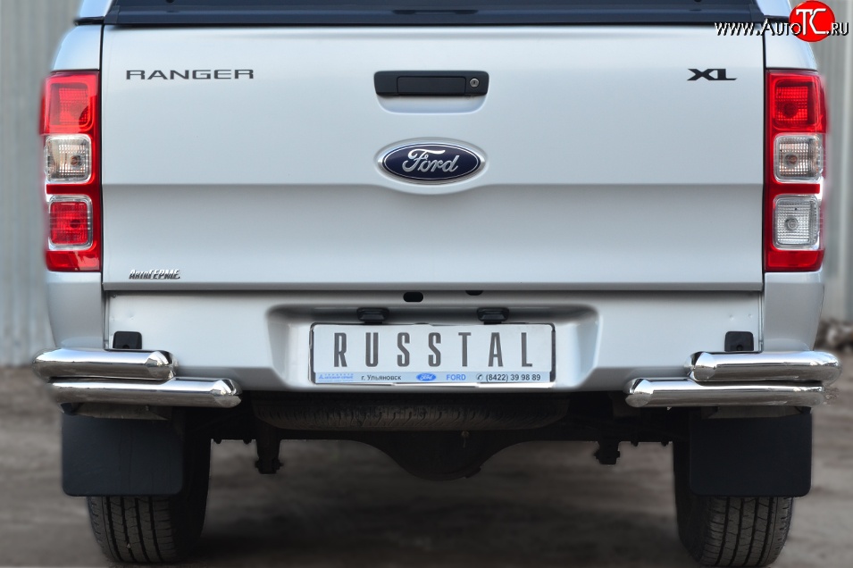 26 699 р. Защита заднего бампера (2 трубы Ø63 мм уголки, нержавейка) Russtal  Ford Ranger ( DoubleCab,  RapCab) (2011-2016)  с доставкой в г. Калуга