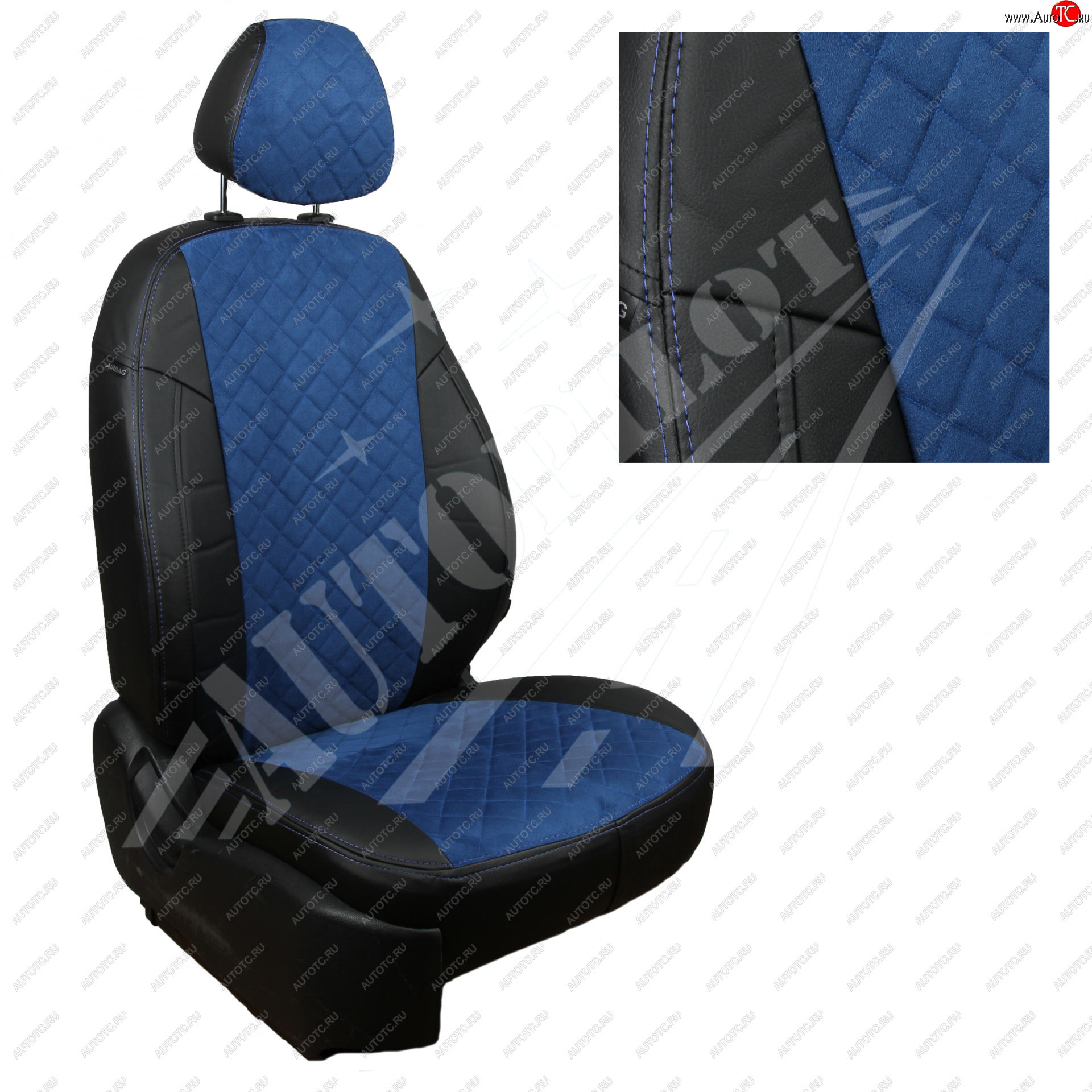 8 699 р. Чехлы сидений AUTOPILOT Алькантара Ромб (3 места, удлиненная спинка, правое сиденье сдвоенное с подлокотником  ГАЗ ГАЗель Next ( A21,A22, С41, С42,  A31,A32, C45, C46) (2013-2024) (Черный + Синий)  с доставкой в г. Калуга