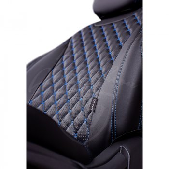 16 749 р. Чехлы для сидений Lord Autofashion Байрон (экокожа, раздельная спинка, 3 П-образных подголовника)  Hyundai IX35  1 LM (2009-2018), KIA Sportage  3 SL (2010-2016) (Черный, вставка черная, строчка синяя)  с доставкой в г. Калуга. Увеличить фотографию 2