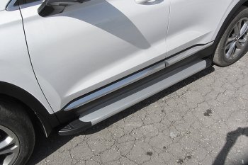 13 799 р. Пороги алюминиевые Slitkoff  Hyundai Santa Fe  4 TM (2018-2021) (Optima Silver)  с доставкой в г. Калуга. Увеличить фотографию 1