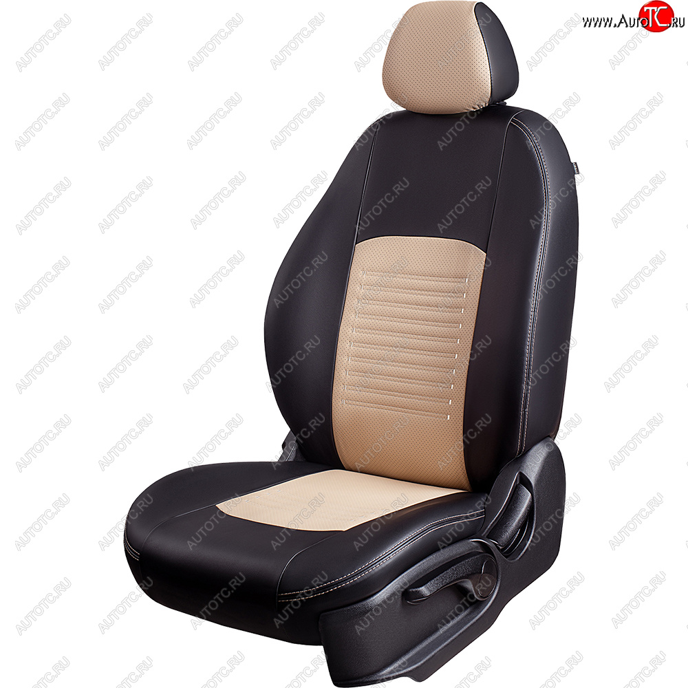 8 749 р. Чехлы для сидений Lord Autofashion Турин (экокожа, сплошная спинка 2 П-образных подголовника)  Hyundai Solaris  2 (2017-2020) (Черный, вставка бежевая)  с доставкой в г. Калуга