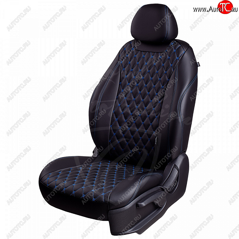 16 999 р. Чехлы для сидений Lord Autofashion Байрон (экокожа, раздельная спинка, 2 Г-образных подголовника)  Hyundai Solaris ( 1 хэтчбек,  1 хэтчбэк) (2010-2017) (Черный, вставка черная, строчка синяя)  с доставкой в г. Калуга