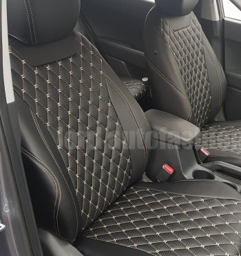 16 749 р. Чехлы для сидений Lord Autofashion Байрон (экокожа)  Hyundai Solaris  1 седан (2010-2017) (Чёрный, вставка чёрная, строчка бежевая)  с доставкой в г. Калуга. Увеличить фотографию 3