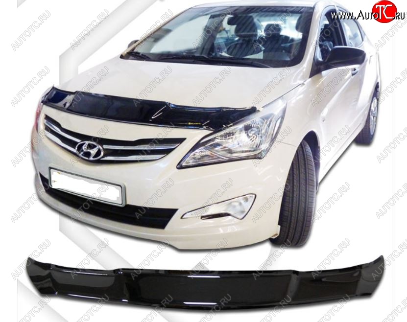 2 079 р. Дефлектор капота CA-Plastic  Hyundai Solaris  1 седан (2014-2017) (Classic черный, Без надписи)  с доставкой в г. Калуга