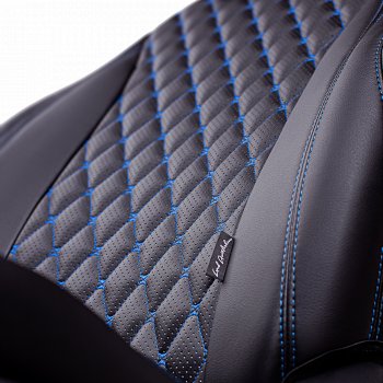 16 999 р. Чехлы для сидений Lord Autofashion Байрон (экокожа, 60/40, 2 П- и 1 Г-образных подголовника)  Hyundai Sonata  EF (2001-2013) (Черный, вставка черная, строчка синяя)  с доставкой в г. Калуга. Увеличить фотографию 4