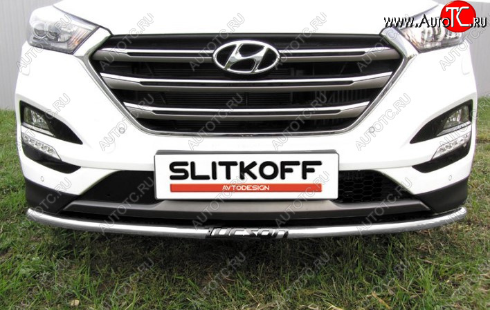 6 849 р. Защита переднего бампера Slitkoff (Ø 42 мм, с надписью).  Hyundai Tucson  3 TL (2015-2018) (Сталь с полимерным покрытием. Цвет: серебристый)  с доставкой в г. Калуга