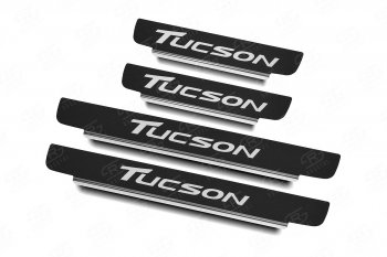 2 599 р. Накладки порожков салона Russtal  Hyundai Tucson  3 TL (2015-2021) (Нержавейка с покрытием карбон, с надписью)  с доставкой в г. Калуга. Увеличить фотографию 1