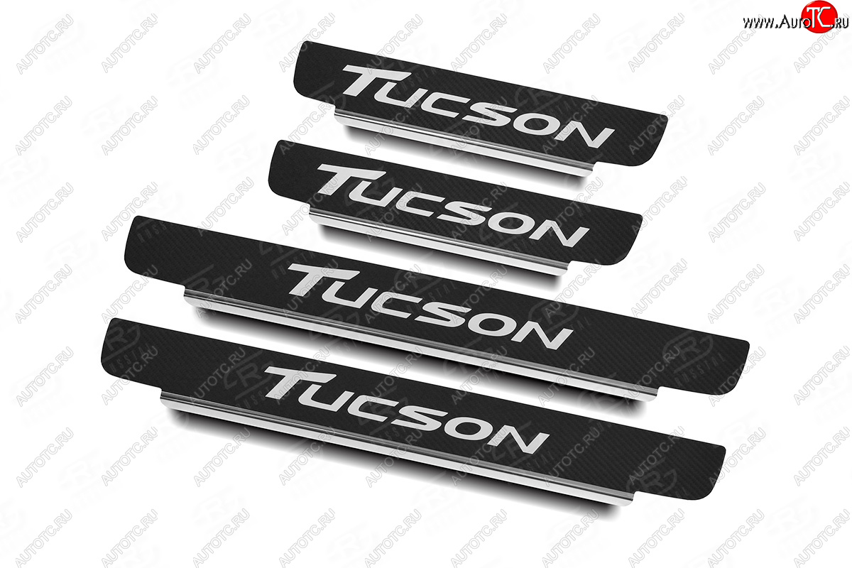 2 599 р. Накладки порожков салона Russtal  Hyundai Tucson  3 TL (2015-2021) (Нержавейка с покрытием карбон, с надписью)  с доставкой в г. Калуга