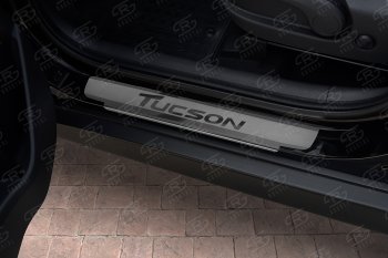 2 189 р. Накладки порожков салона Russtal  Hyundai Tucson  3 TL (2015-2021) (Нержавейка шлифованная с надписью)  с доставкой в г. Калуга. Увеличить фотографию 2