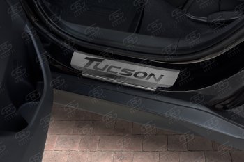 2 189 р. Накладки порожков салона Russtal  Hyundai Tucson  3 TL (2015-2021) (Нержавейка шлифованная с надписью)  с доставкой в г. Калуга. Увеличить фотографию 3