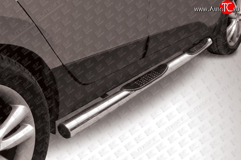14 649 р. Защита порогов из трубы d76 мм с пластиковыми вставками для ног Slitkoff  Hyundai IX35  1 LM (2009-2018) (Нержавейка, Полированная)  с доставкой в г. Калуга