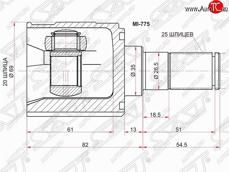 2 799 р. ШРУС SAT (внутренний, 20*25*35 мм) KIA Picanto 1 SA хэтчбэк 5 дв. дорестайлинг (2003-2007)  с доставкой в г. Калуга