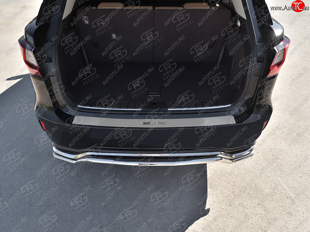 3 399 р. Защитная накладка заднего бампера Russtal  Lexus RX  350 (2015-2019) (Нержавейка шлифованная с надписью)  с доставкой в г. Калуга
