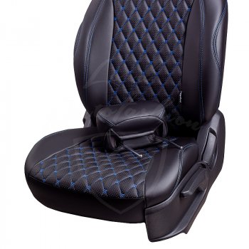 13 399 р. Чехлы для сидений Lord Autofashion Байрон (экокожа, раздельная спинка 40/20/40, подлокотник, 3 Г-образных подголовника)  Mazda CX-5  KF (2016-2024) (Черный, вставка черная, строчка синяя)  с доставкой в г. Калуга. Увеличить фотографию 5