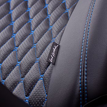13 399 р. Чехлы для сидений Lord Autofashion Байрон (экокожа, раздельная спинка 40/20/40, подлокотник, 3 Г-образных подголовника)  Mazda CX-5  KF (2016-2024) (Черный, вставка черная, строчка синяя)  с доставкой в г. Калуга. Увеличить фотографию 6