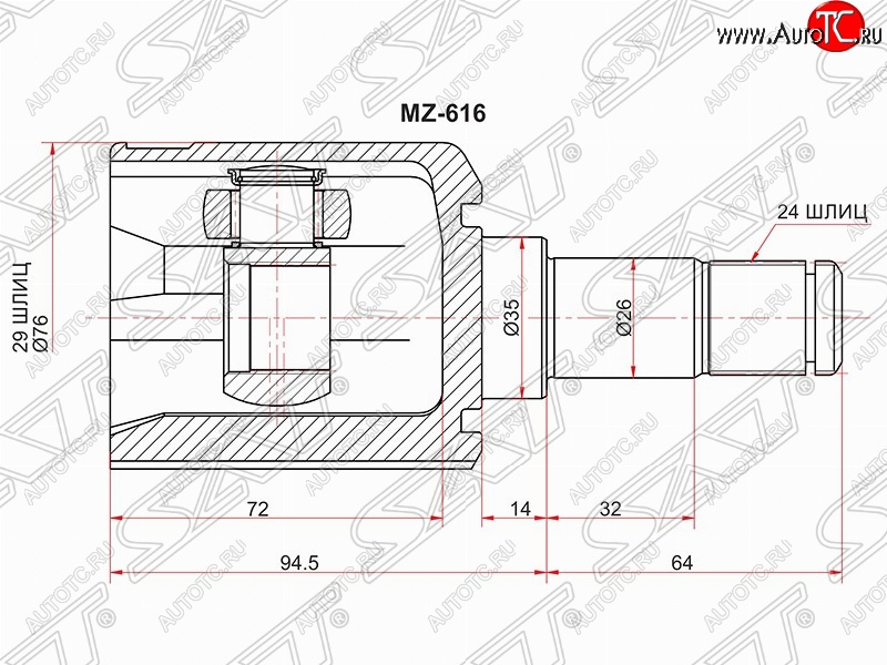 6 549 р. Шрус (внутренний/левый) SAT (29*24*35 мм) Mazda 323/Familia седан BJ дорестайлинг (1998-2000)  с доставкой в г. Калуга