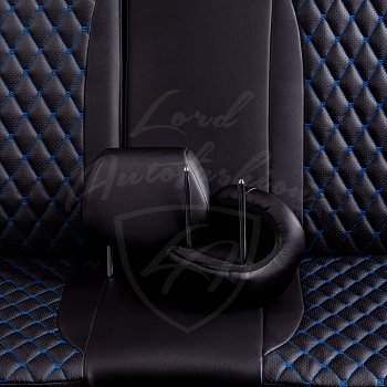 13 649 р. Чехлы для сидений Lord Autofashion Байрон (экокожа, раздельная спинка, подлокотник, отдельные бока, 3 Г-образных подголовника) Mazda 6 GJ 1 рестайлинг универсал (2015-2018) (Черный, вставка черная, строчка синяя)  с доставкой в г. Калуга. Увеличить фотографию 7