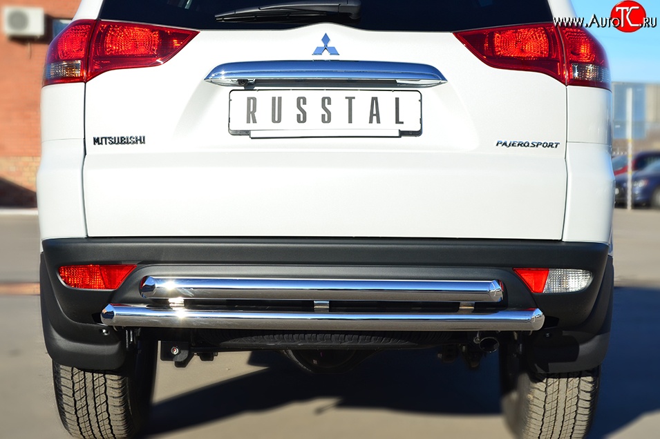 16 999 р. Защита заднего бампера (2 трубы Ø63 мм, нержавейка) Russtal Mitsubishi Pajero Sport 3 PB рестайлинг (2013-2017)  с доставкой в г. Калуга