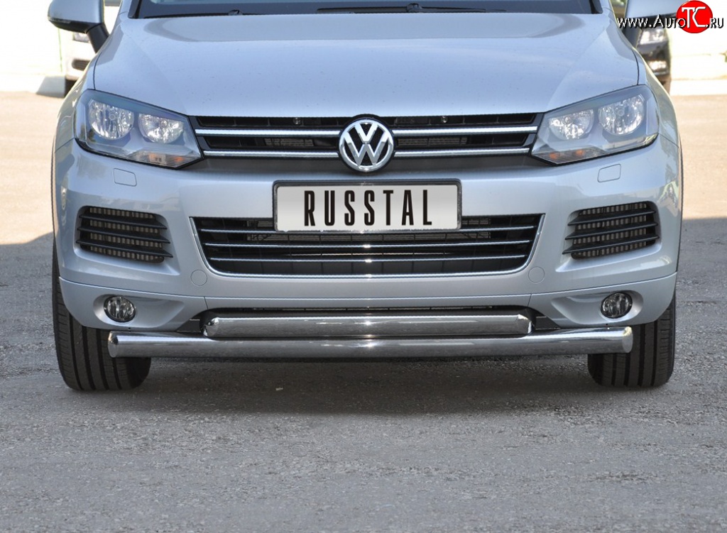 12 699 р. Защита переднего бампера (2 трубыØ76 и 63 мм, нержавейка) Russtal  Volkswagen Touareg  NF (2010-2014)  с доставкой в г. Калуга