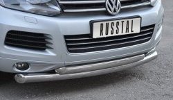 12 699 р. Защита переднего бампера (2 трубыØ76 и 63 мм, нержавейка) Russtal  Volkswagen Touareg  NF (2010-2014)  с доставкой в г. Калуга. Увеличить фотографию 3