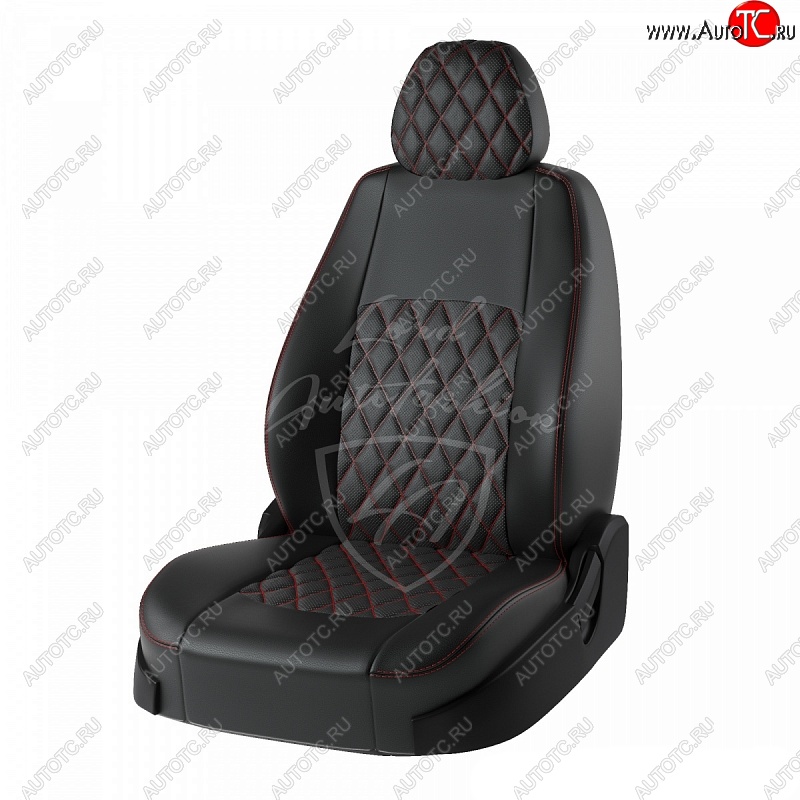 9 449 р. Чехлы для сидений Lord Autofashion Турин Ромб (экокожа) Nissan Almera G15 седан (2012-2019) (Черный, вставка черная, строчка красная)  с доставкой в г. Калуга