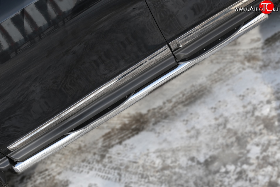 20 749 р. Защита порогов с пластиковыми вставками для ног из круглой трубы диаметром 76 мм Russtal Nissan Pathfinder R52 дорестайлинг (2012-2017) (Защита порогов с со скосами на торцах (вариант 1))  с доставкой в г. Калуга