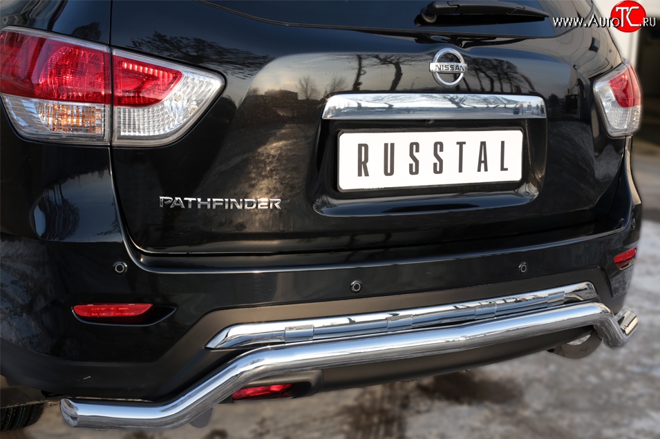 8 649 р. Защита заднего бампера (Ø63 мм волна, нержавейка) Russtal  Nissan Pathfinder  R52 (2012-2017)  с доставкой в г. Калуга