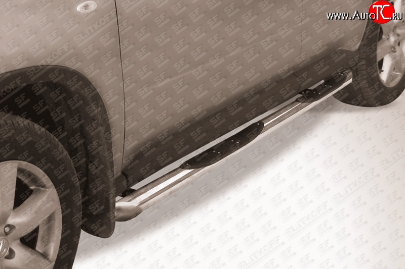 14 649 р. Защита порогов с пластиковыми вставками для ног из круглой трубы диаметром 76 мм с торцевыми скосами Slitkoff  Nissan X-trail  2 T31 (2007-2011) (Цвет: нержавеющая полированная сталь)  с доставкой в г. Калуга