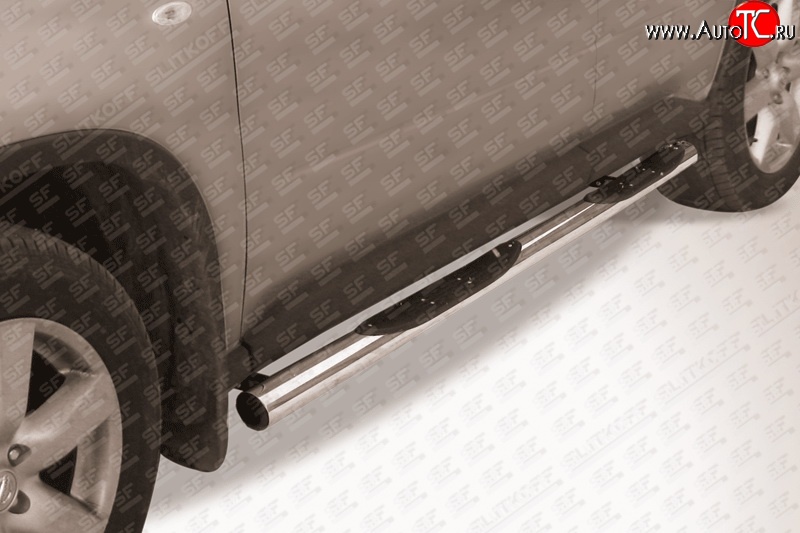 13 949 р. Защита порогов с пластиковыми вставками для ног из круглой трубы диаметром 76 мм Slitkoff  Nissan X-trail  2 T31 (2010-2015) (Цвет: нержавеющая полированная сталь)  с доставкой в г. Калуга