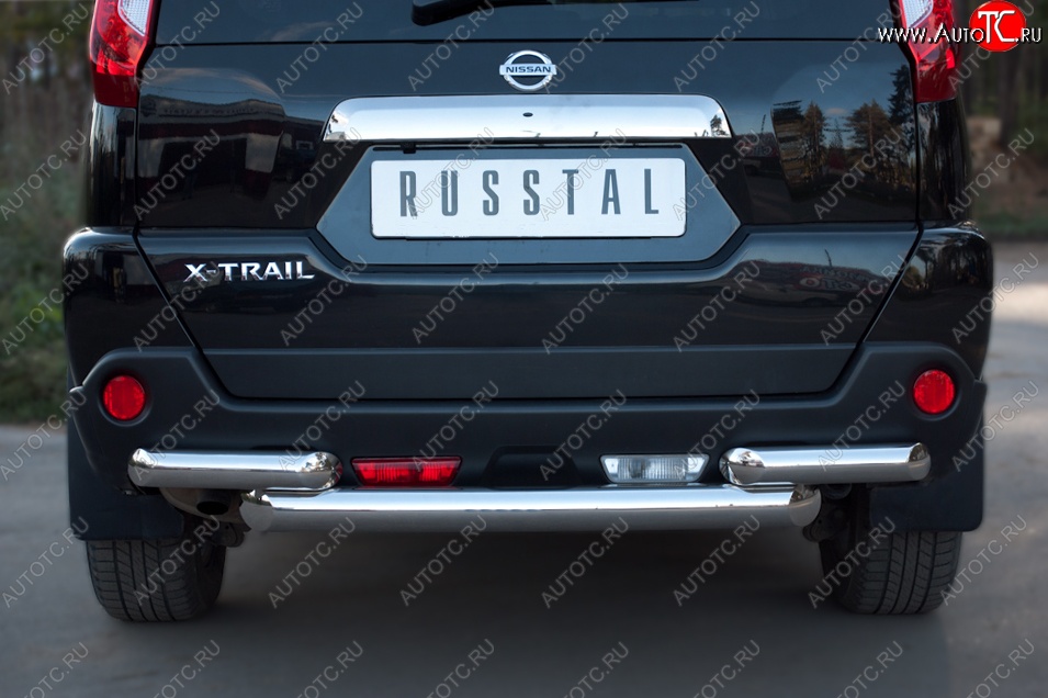21 899 р. Защита заднего бампера (2 трубы Ø76, нержавейка) Russtal  Nissan X-trail  2 T31 (2010-2015)  с доставкой в г. Калуга