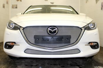 Защитная сетка в бампер (верх, ячейка 3х7 мм, с рамкой под номер) Alfeco Стандарт Mazda 3/Axela BM рестайлинг седан (2016-2019)  (Хром)