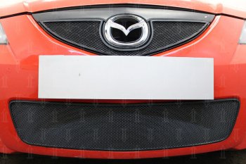 Защитная сетка в бампер (низ, ячейка 3х7 мм) Alfeco Стандарт Mazda 3/Axela BK рестайлинг седан (2006-2009)  (Чёрная)