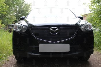 Защитная сетка в бампер (верх, с парктроником, ячейка 3х7 мм) Alfeco Стандарт Mazda (Мазда) CX-5 (ЦХ-5)  KE (2015-2017) KE рестайлинг  (Чёрная)