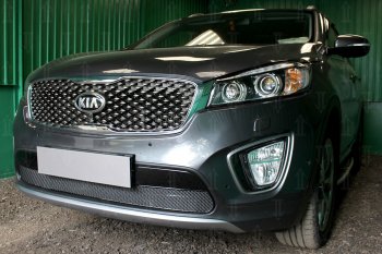 4 299 р. Защитная сетка в бампер (низ, ячейка 4х10 мм) Alfeco Премиум KIA Sorento UM/Prime дорестайлинг (2014-2018) (Чёрная)  с доставкой в г. Калуга. Увеличить фотографию 2