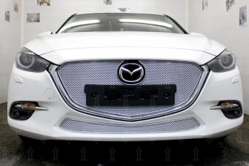 Защитная сетка в бампер (верх, ячейка 4х10 мм, с рамкой под номер) Alfeco Премиум Mazda 3/Axela BM рестайлинг седан (2016-2019)  (Хром)