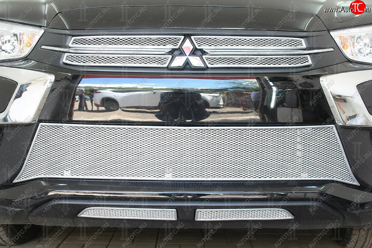 5 899 р. Защитная сетка в бампер (низ, 2 части, ячейка 4х10 мм) Alfeco Премиум  Mitsubishi ASX (2017-2020) (Хром)  с доставкой в г. Калуга