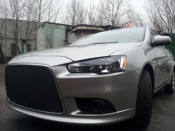 5 999 р. Защитная сетка в бампер (ячейка 3х7 мм) Alfeco Стандарт Mitsubishi Lancer 10 седан рестайлинг (2011-2017) (Чёрная)  с доставкой в г. Калуга. Увеличить фотографию 3