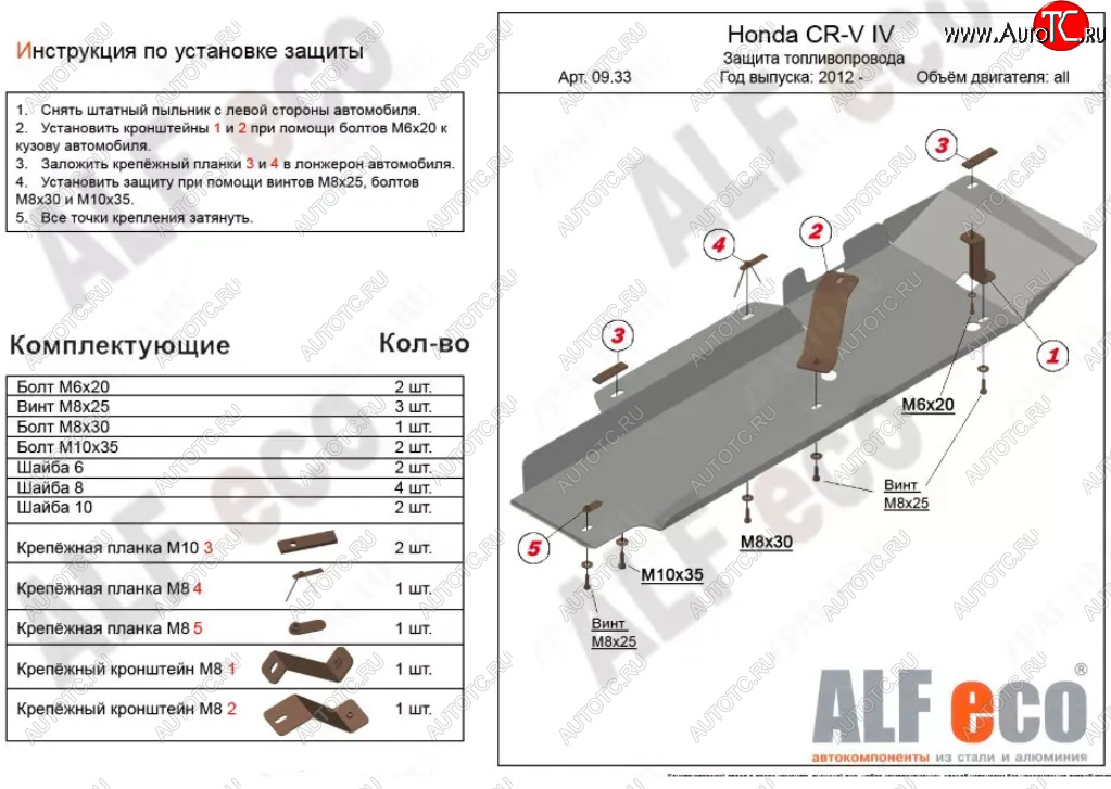 9 999 р. Защита топливопровода Alfeco  Honda CR-V  RM1,RM3,RM4 (2012-2018) (Алюминий 3 мм)  с доставкой в г. Калуга