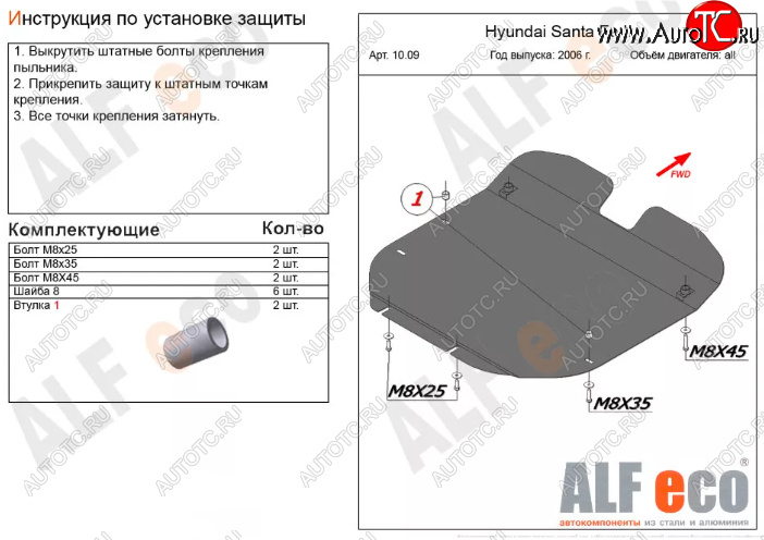 10 999 р. Защита картера двигателя и КПП Alfeco  Hyundai Santa Fe  2 CM (2006-2012) (Алюминий 3 мм)  с доставкой в г. Калуга