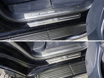 5 199 р. Накладки на пороги с гибом, ТСС Тюнинг  Toyota Land Cruiser  200 (2015-2021) (лист шлифованный логотип Toyota)  с доставкой в г. Калуга. Увеличить фотографию 1