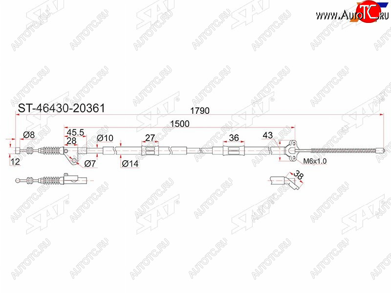 1 089 р. Трос ручника RH SAT Toyota Caldina T190 дорестайлинг универсал (1992-1995) (барабанные тормоза)  с доставкой в г. Калуга