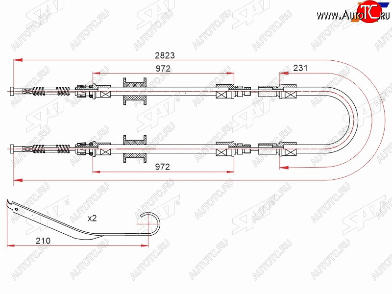 1 839 р. Трос ручного тормоза RH-LH V2.0-2.5 SAT Ford Transit цельнометаллический фургон 2-ой рестайлинг (1994-2000) (одинарные колеса)  с доставкой в г. Калуга